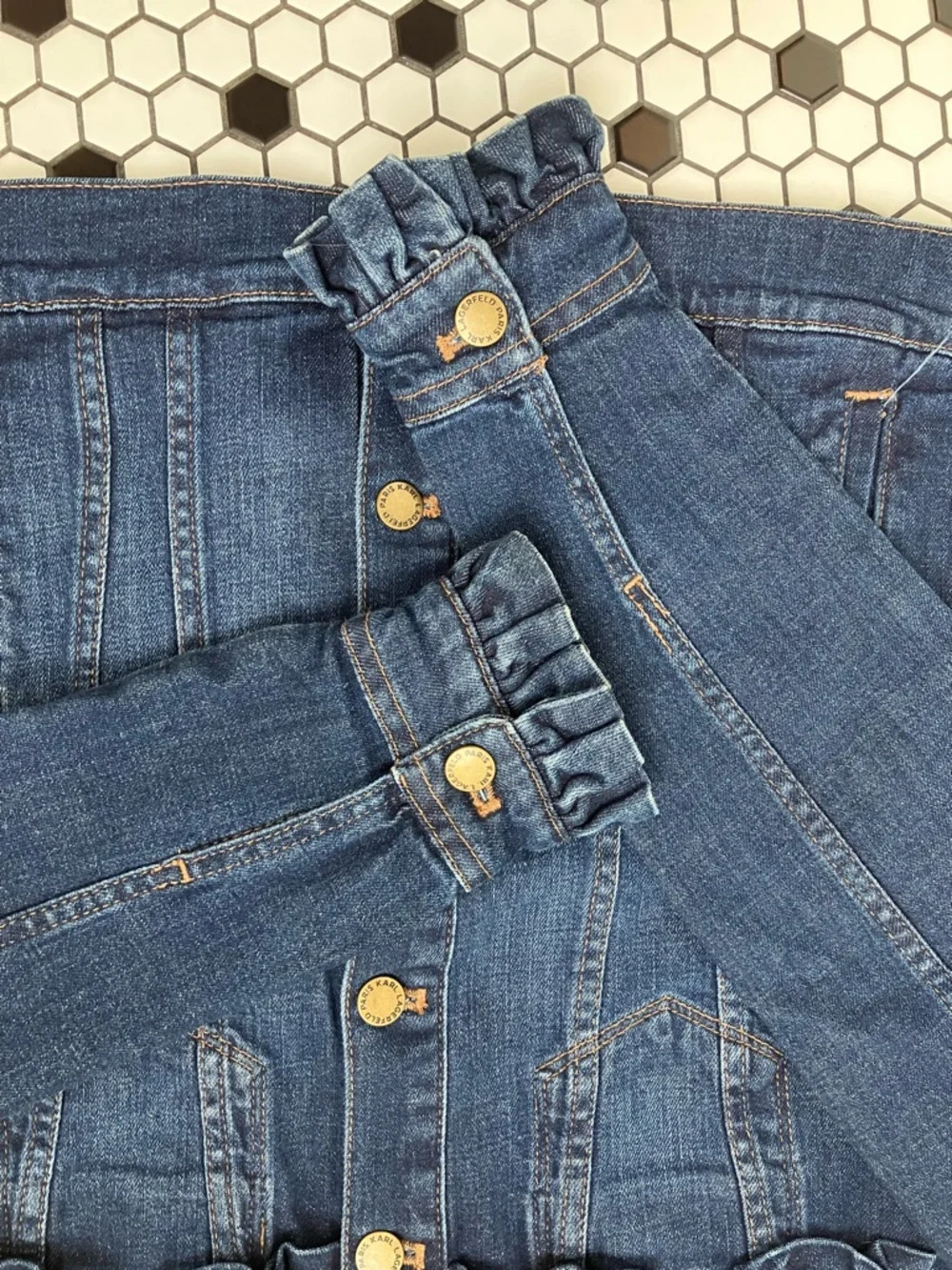 Whimsical Karl Lagerfeld Paris Dark Blue Ruffle-Trim Denim Jacket Sz. Small - Picture 7 of 15